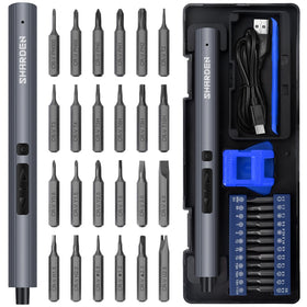SHARDEN mini electric screwdriver case open with organized bits for home repairs