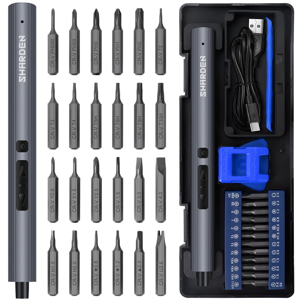 SHARDEN mini electric screwdriver case open with organized bits for home repairs