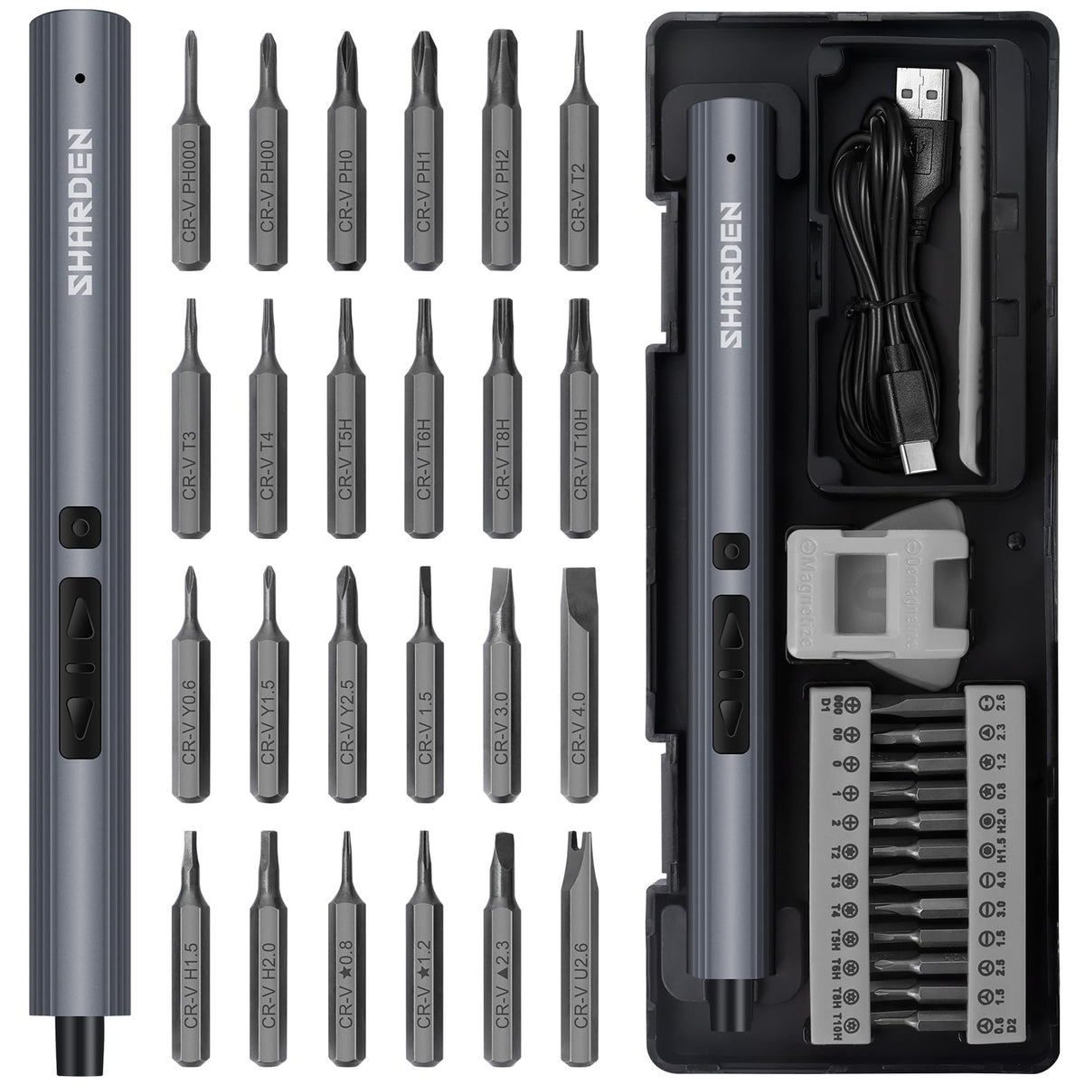 Sharden mini electric screwdriver with compact case and magnetic bits for precise gadget repairs