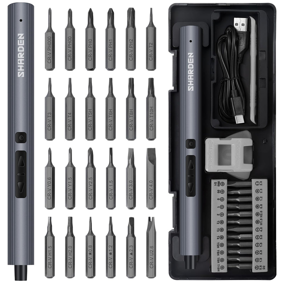 Sharden mini electric screwdriver with compact case and magnetic bits for precise gadget repairs