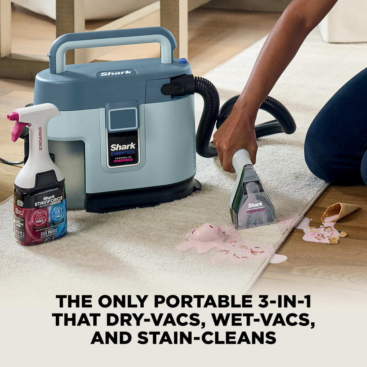 Shark EveryMess pet hair pickup demonstrates strong suction on furniture.