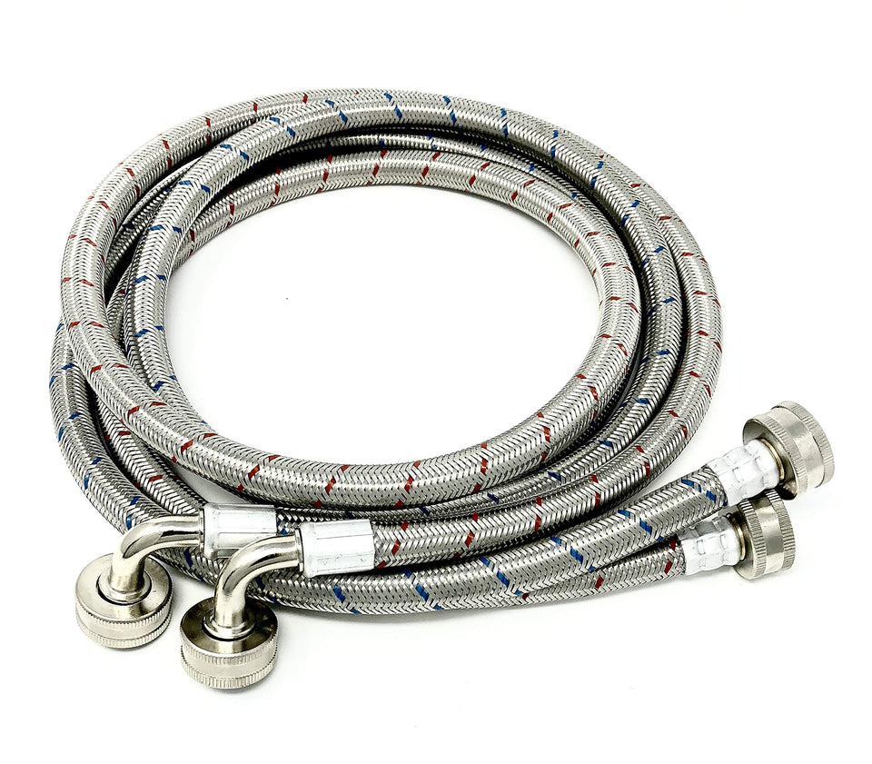 Shark Industrial 2-pack premium stainless steel hoses, 6 ft, red and blue lining for secure laundry connections.