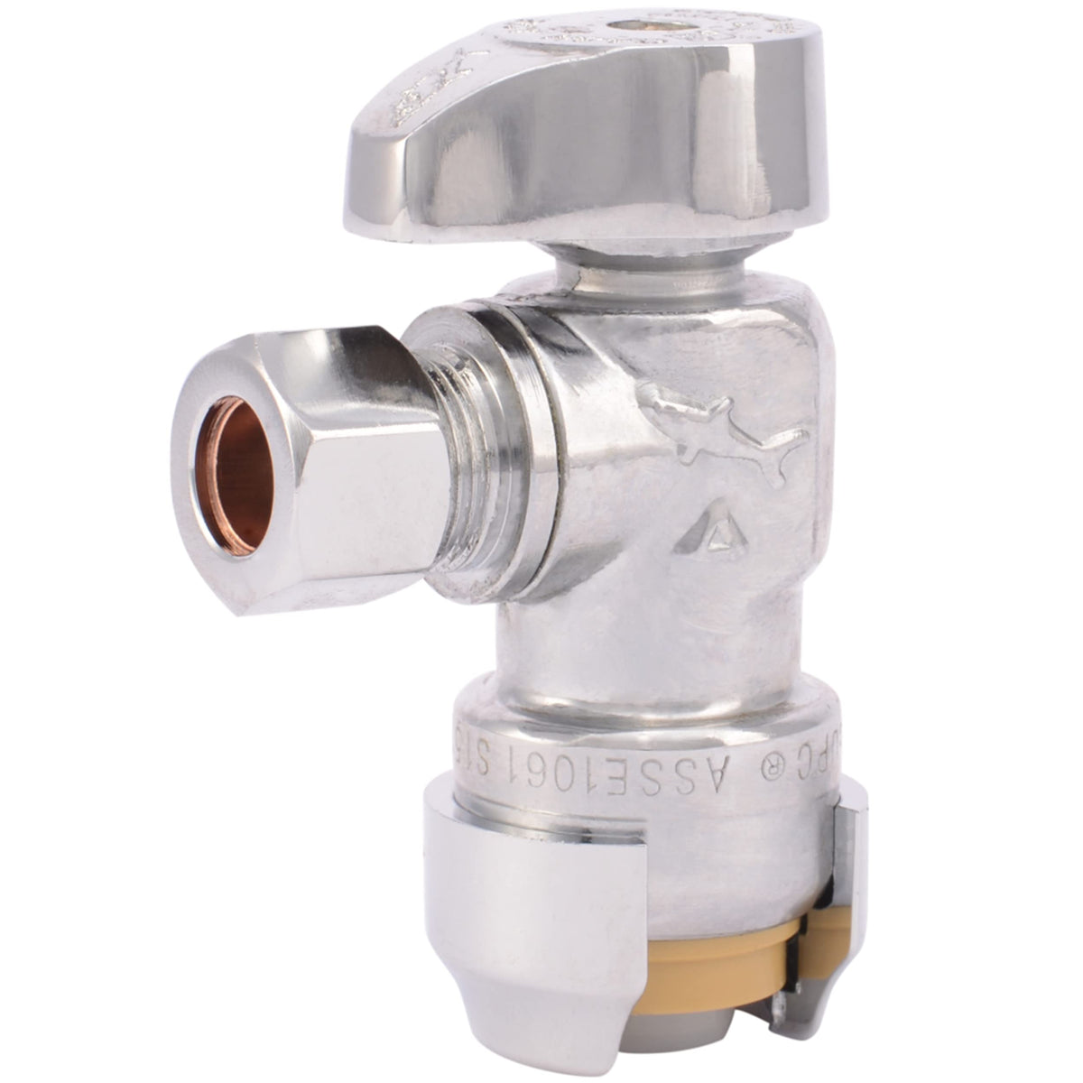 SharkBite 23036 chrome push-angle-stop with 1/2in push-inlet for quick shutoff.