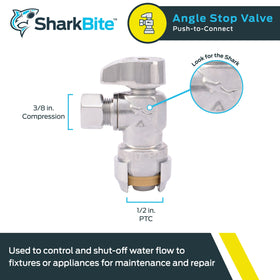 SharkBite chrome angle stop shows 3/8in compression outlet for versatile piping.