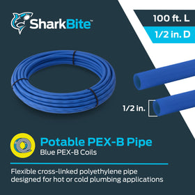 SharkBite Blue PEX-B pipe demonstrating push-to-connect fittings for quick installation.