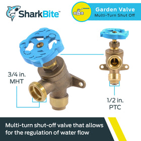 SharkBite brass multi-turn valve handle enables precise flow control in tight spaces.