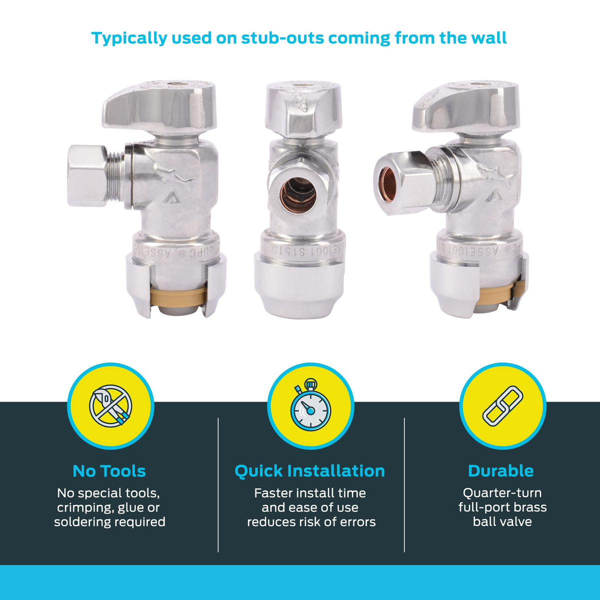 SharkBite brass push-to-connect angle stop in chrome finish for tight spaces.