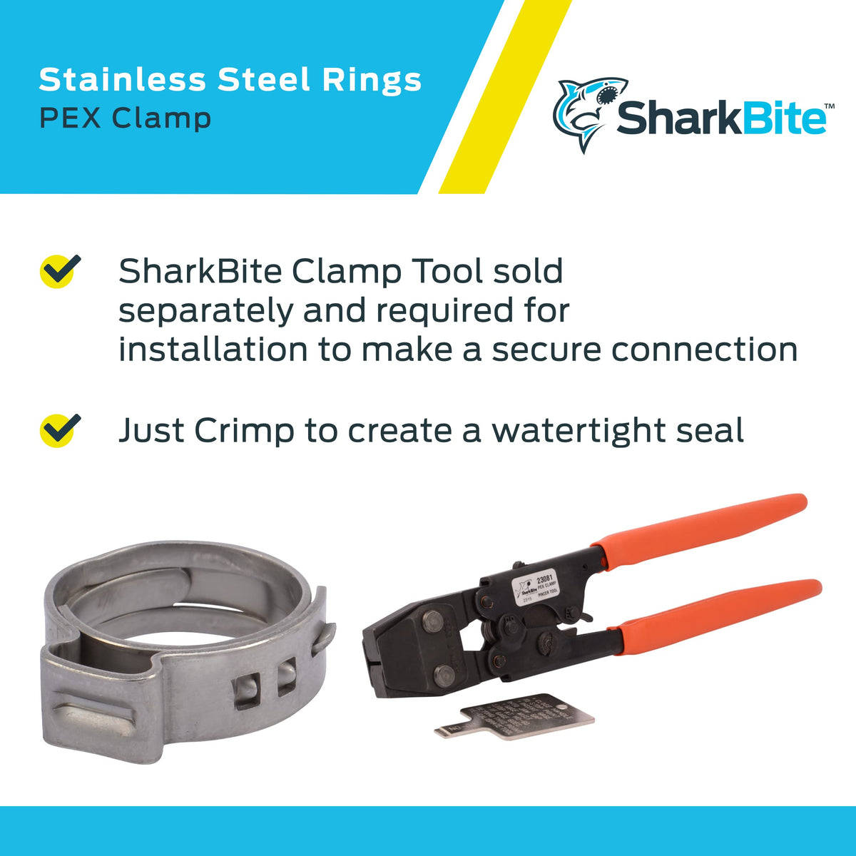SharkBite clamp ring shown with PEX tool for secure connections.