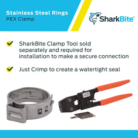 SharkBite clamp ring shown with PEX tool for secure connections.