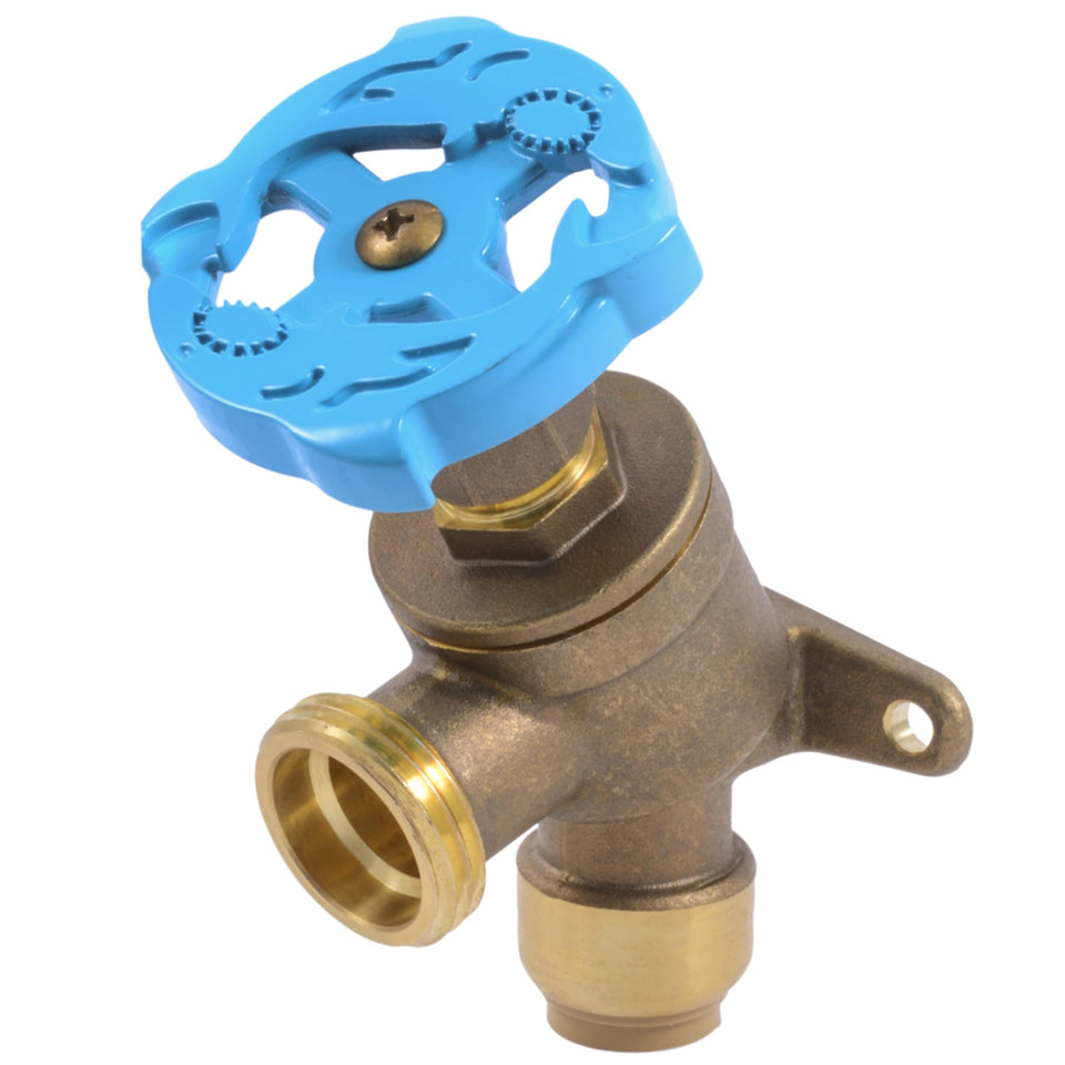 SharkBite garden valve close-up showing push-to-connect inlet for quick, tool-free setup.