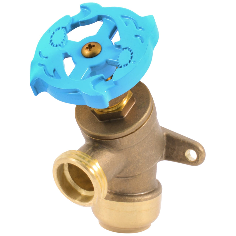 SharkBite garden valve with MHT outlet enables quick control in tight spaces.