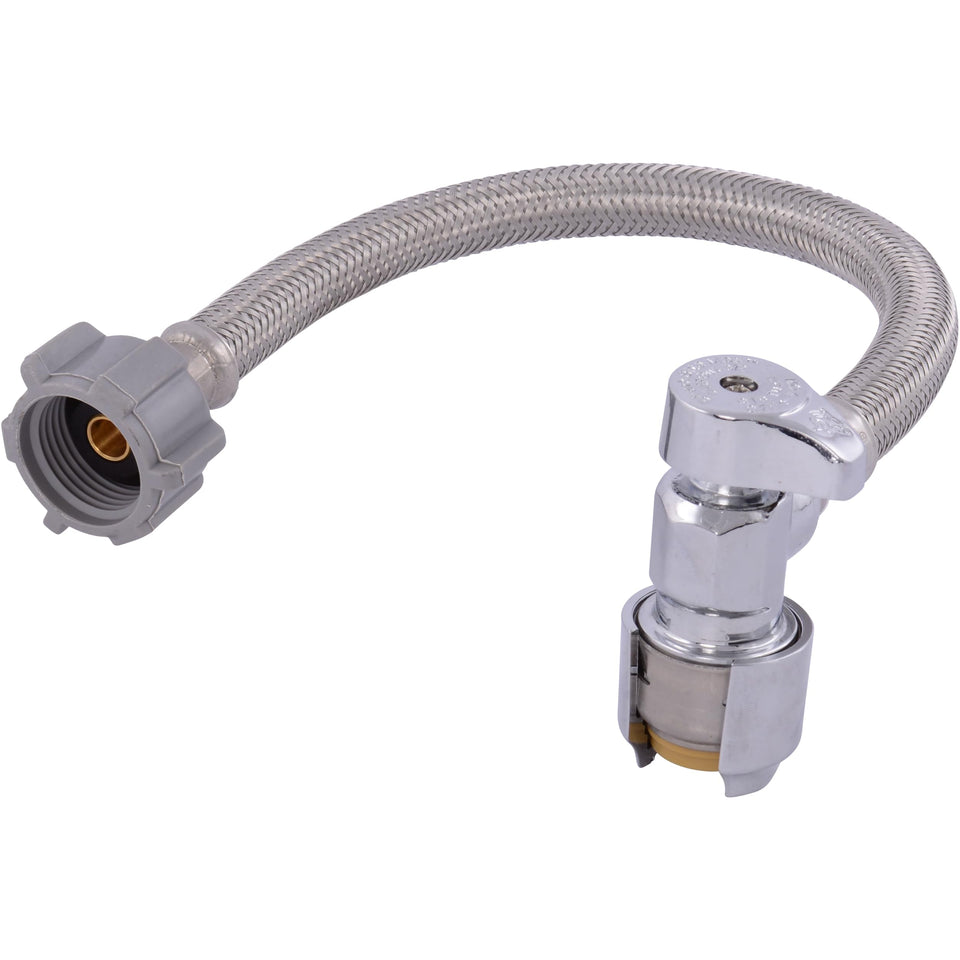 SharkBite Max 12in stainless braided toilet connector with angle stop for watertight installations.