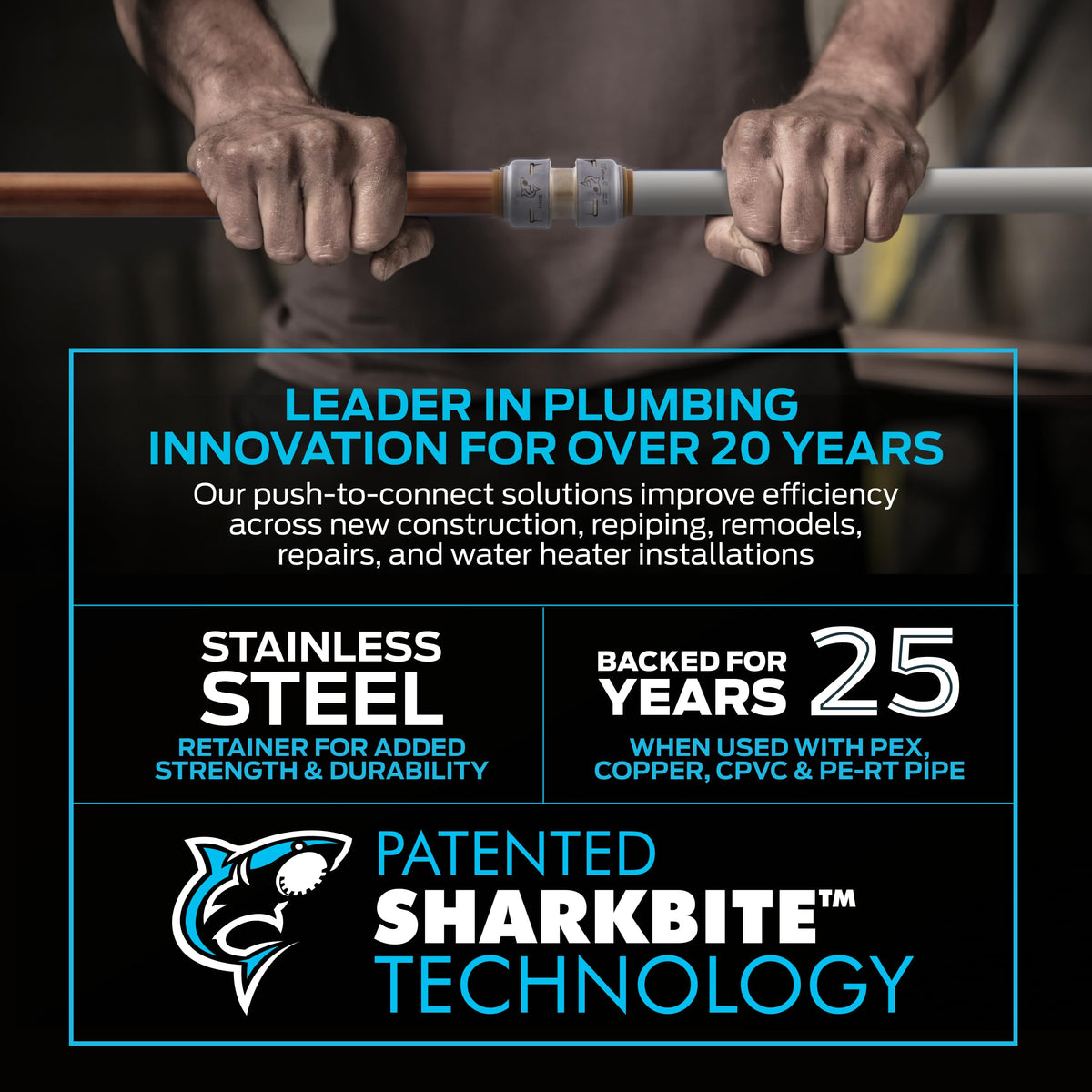 SharkBite Max reinforced stainless collar adds strength during fittings.