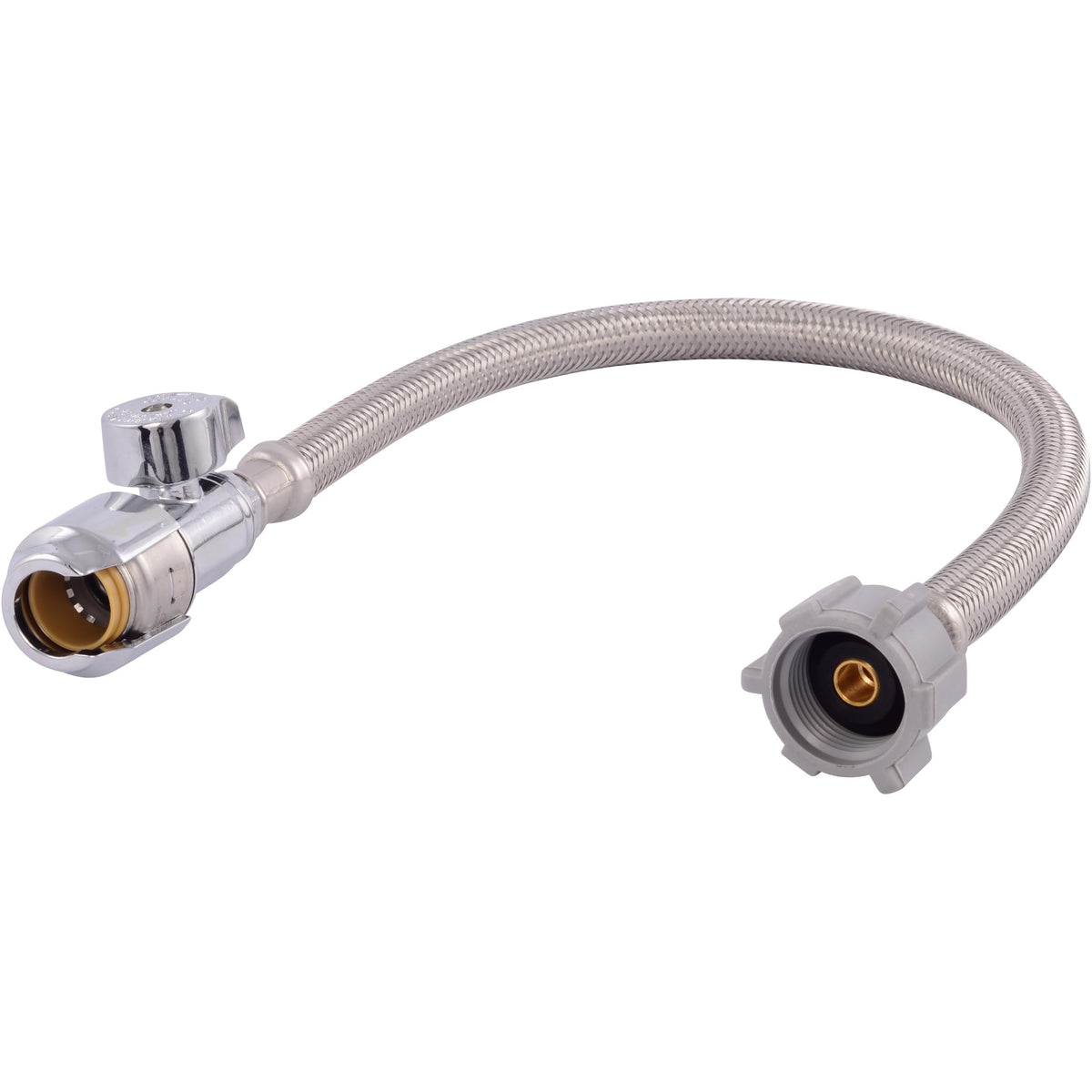 SharkBite Max stainless steel braided toilet connector with 16 inch length for flexible, leak-resistant installs.