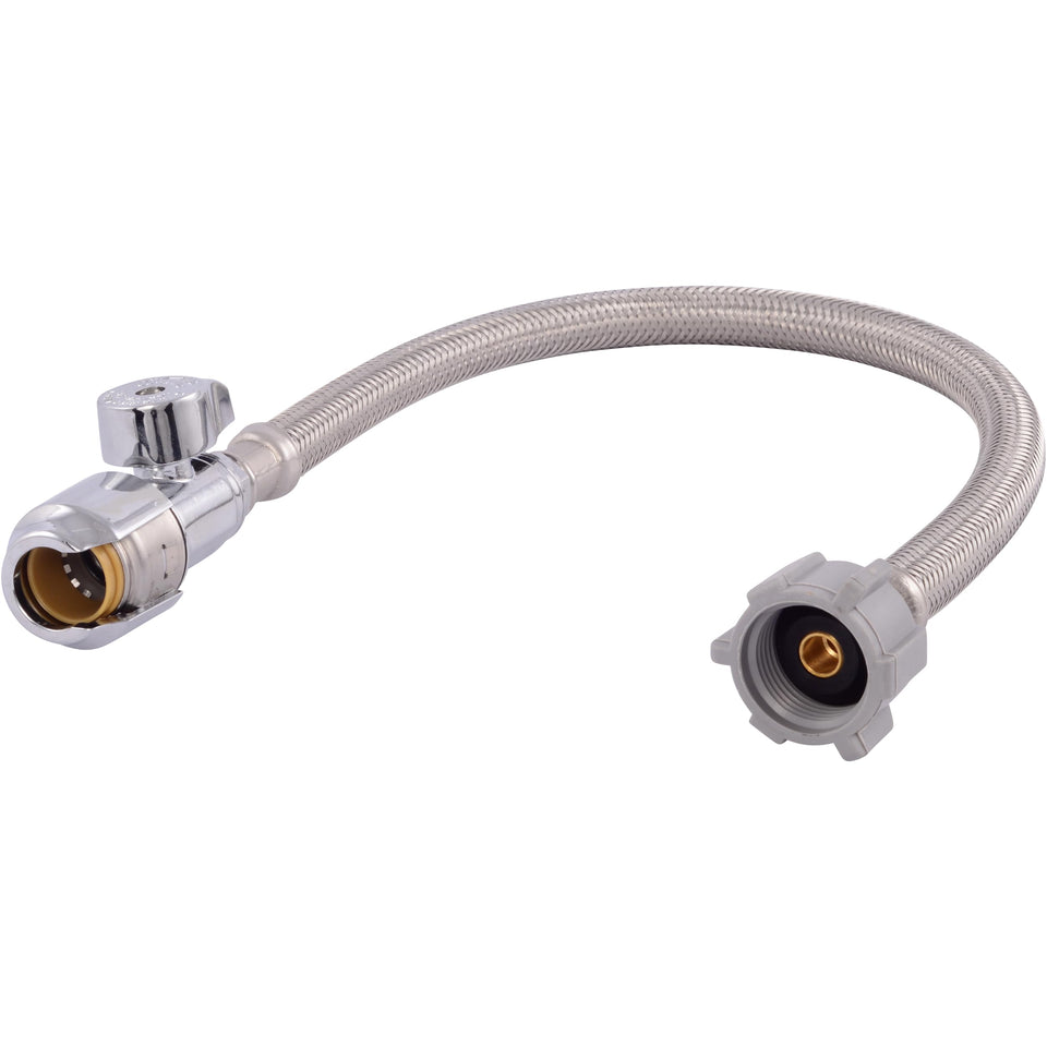 SharkBite Max stainless steel braided toilet connector with 16 inch length for flexible, leak-resistant installs.