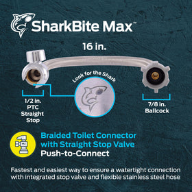 SharkBite Max straight stop valve toilet connector provides precise shut-off in tight spaces.