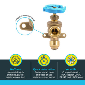 SharkBite push-to-connect inlet paired with PEX or copper pipes for easy installs.