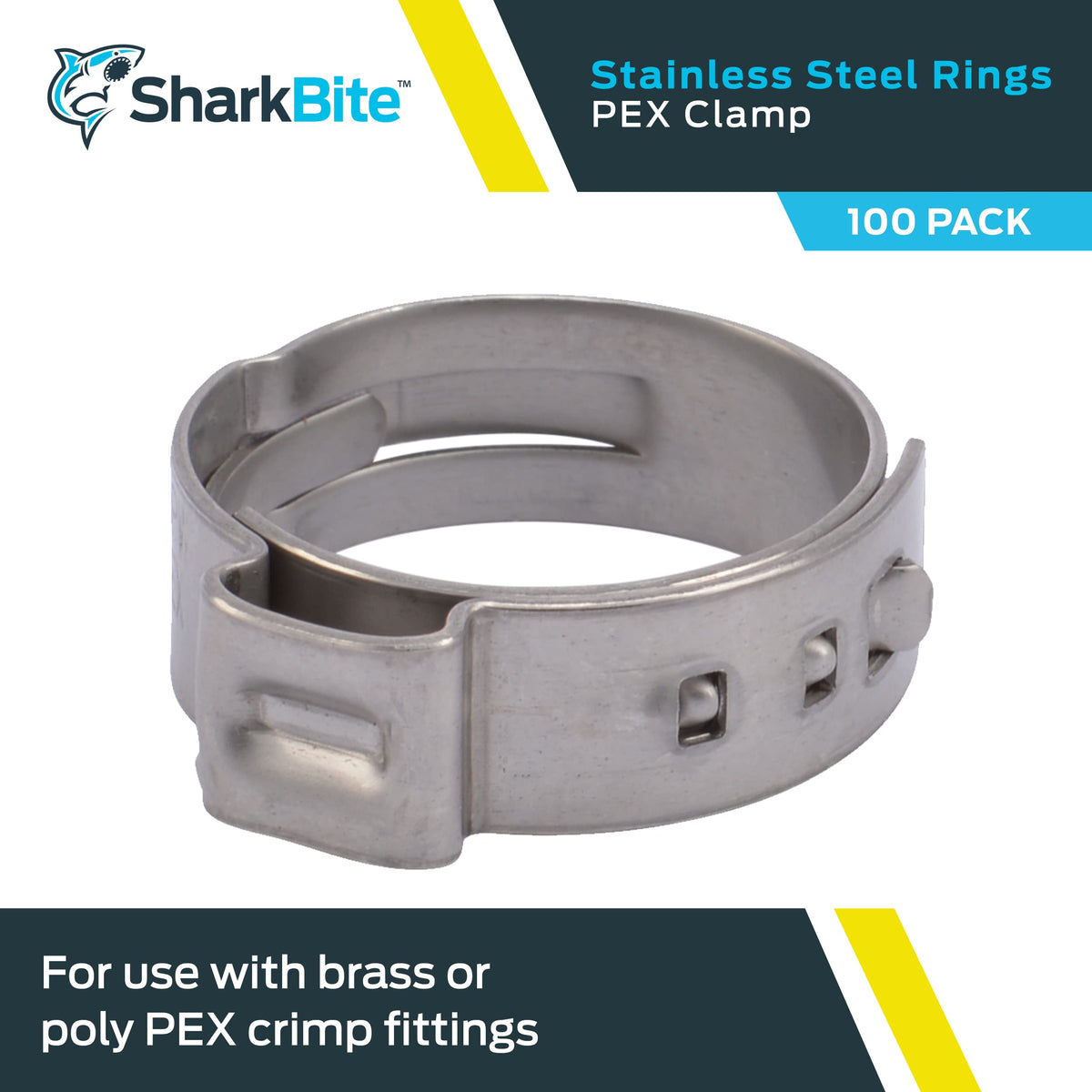 SharkBite stainless steel clamp ring pack shown in a professional installation