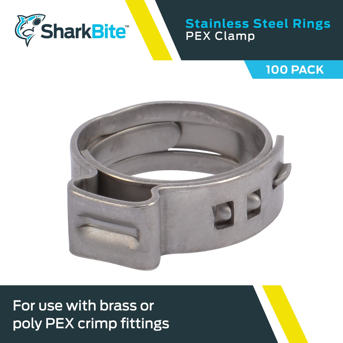 SharkBite stainless steel clamp ring ready for durable PEX/PE-RT piping projects.