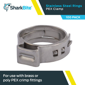 SharkBite stainless steel clamp ring ready for durable PEX/PE-RT piping projects.