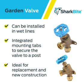 SharkBite valve mounted on a post for convenient outdoor water shut-off.