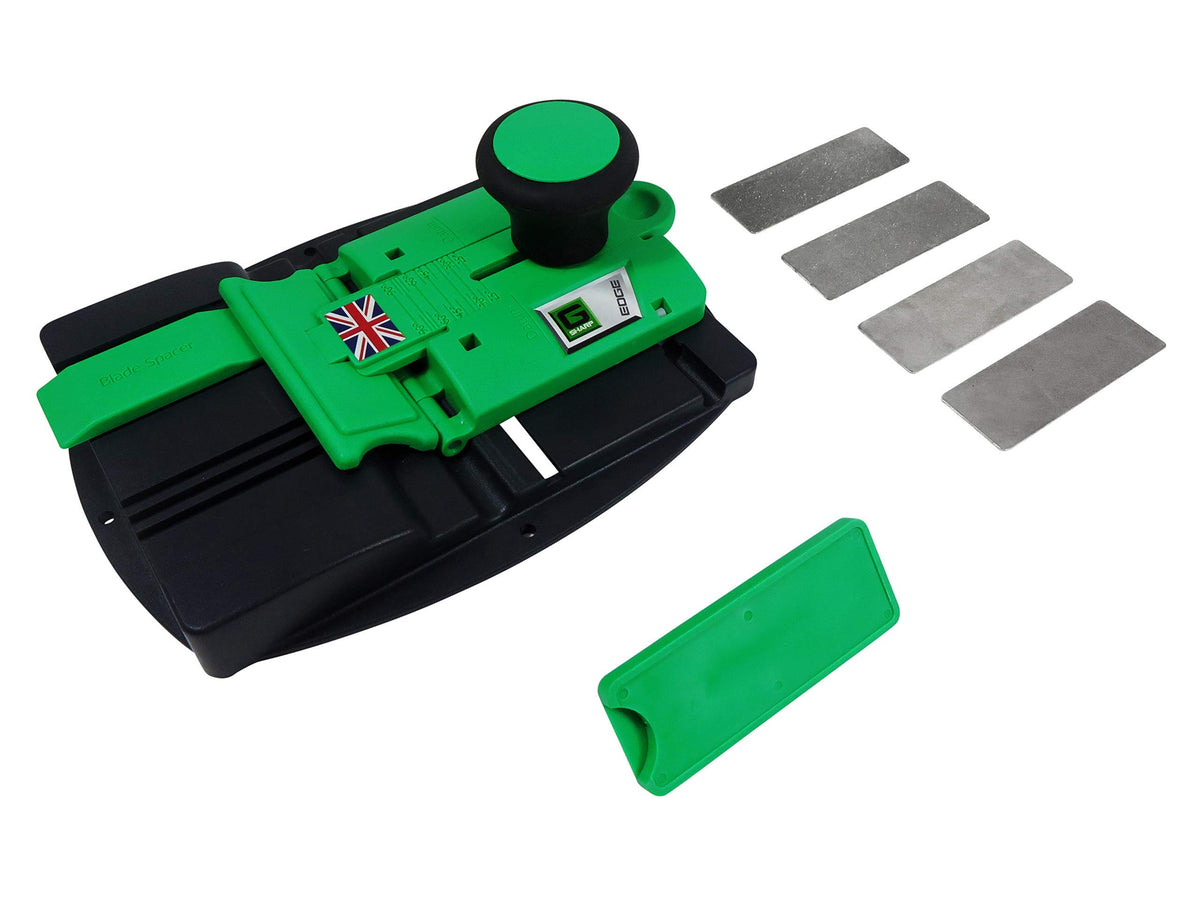 Sharp G Sharp Edge sharpener demonstrates adjustable angle dial for precise chisels.