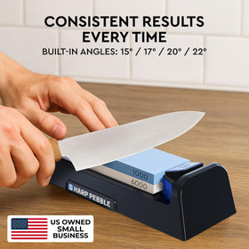 Sharp Pebble 1000 grit dense stone distributes pressure for smooth sharpening