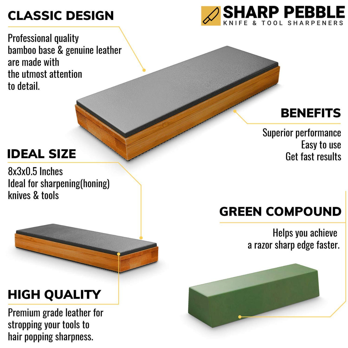 Sharp Pebble bamboo-base strop with non-slip grip keeps sharpening steady.