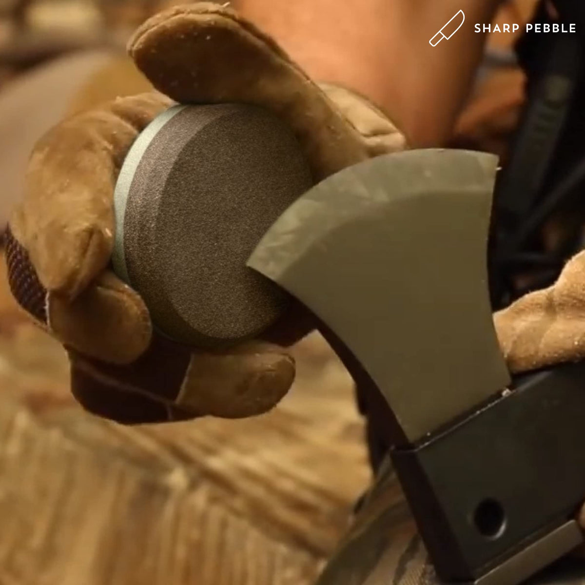Sharp Pebble bamboo box stores stone securely for portable sharpening.