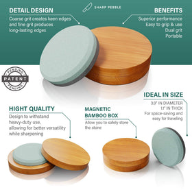 Sharp Pebble dual-grit whetstone provides coarse reshaping and fine finishing for durable blades.
