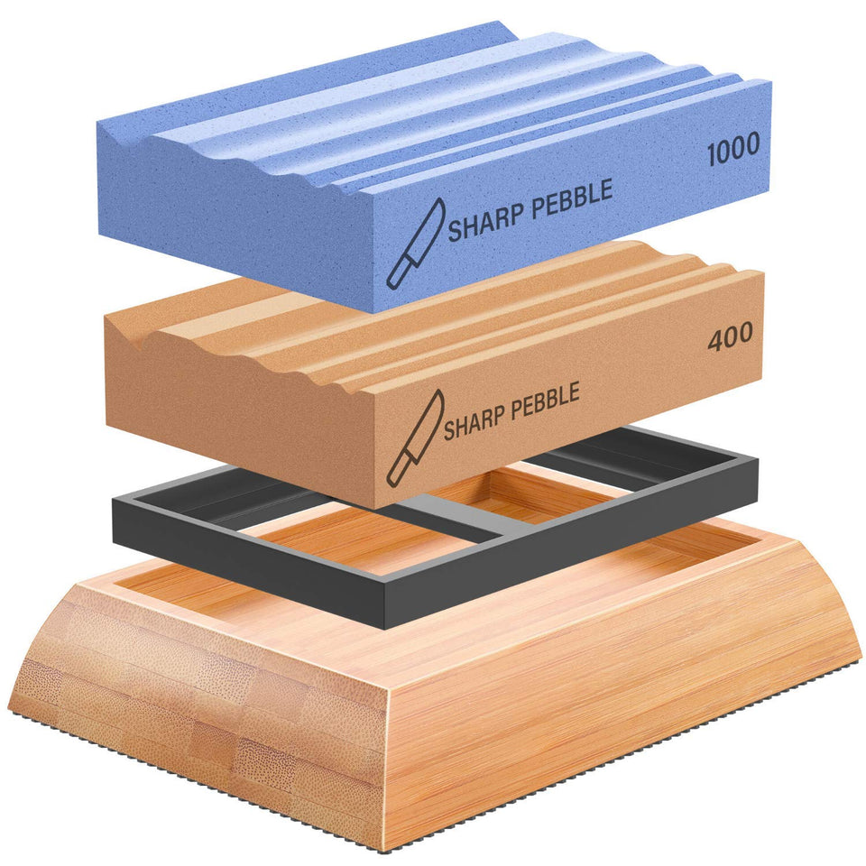 Sharp Pebble gouge sharpening stones with 400 and 1000 grit for precise shaping.