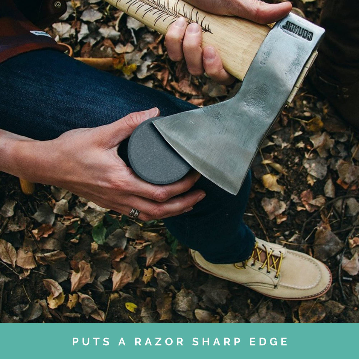 Sharp Pebble multipurpose use stone sharpens axes, machetes, and more.