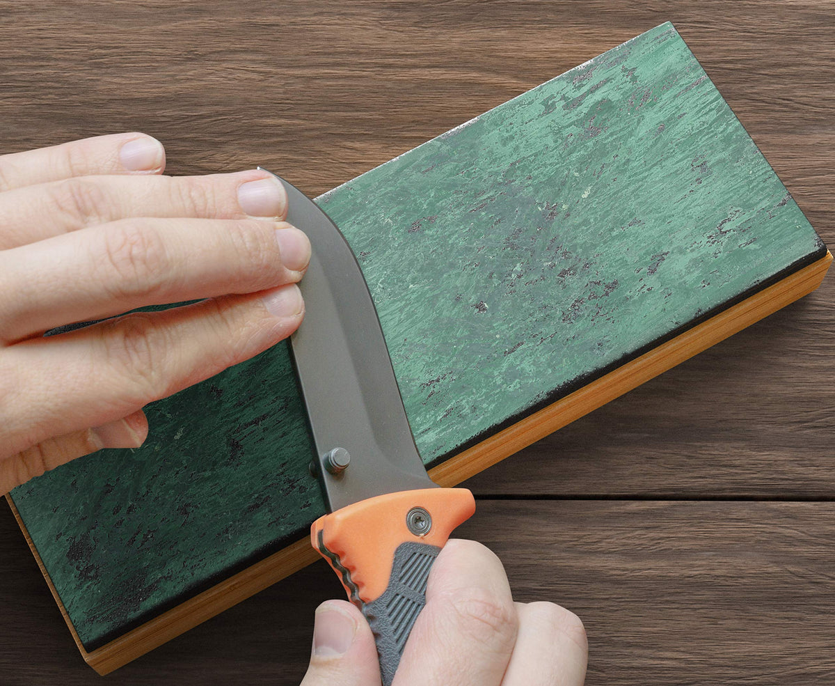 Sharp Pebble strop in use supports quick edge improvement between sharpening steps.