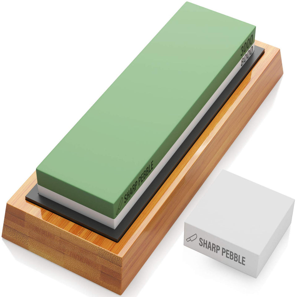 Sharp Pebble whetstone setup with double grit for versatile sharpening on knives