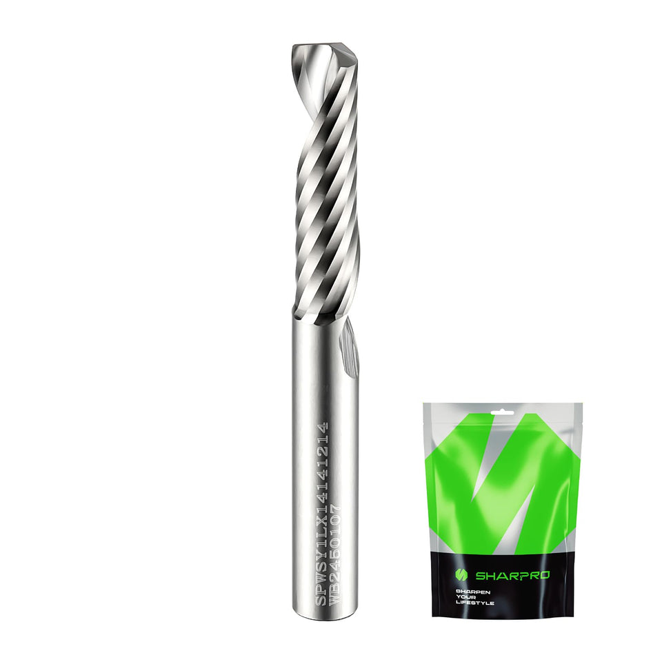SHARPRO O Flute Upcut router bit shows precise 1/4in shank with cutting action