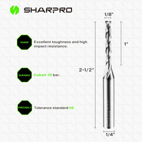 SHARPRO router bit closeup on sharp cutting edge for cleaner, faster cuts.