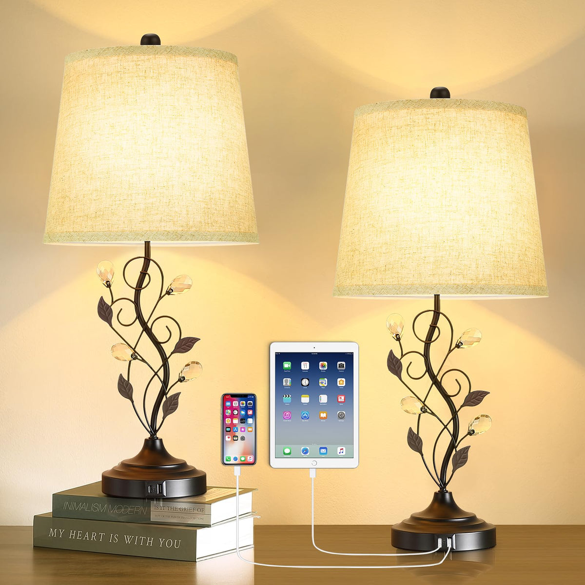 Sheetea 24.5in lamp with leaf-crystal design for refined rustic living room décor.