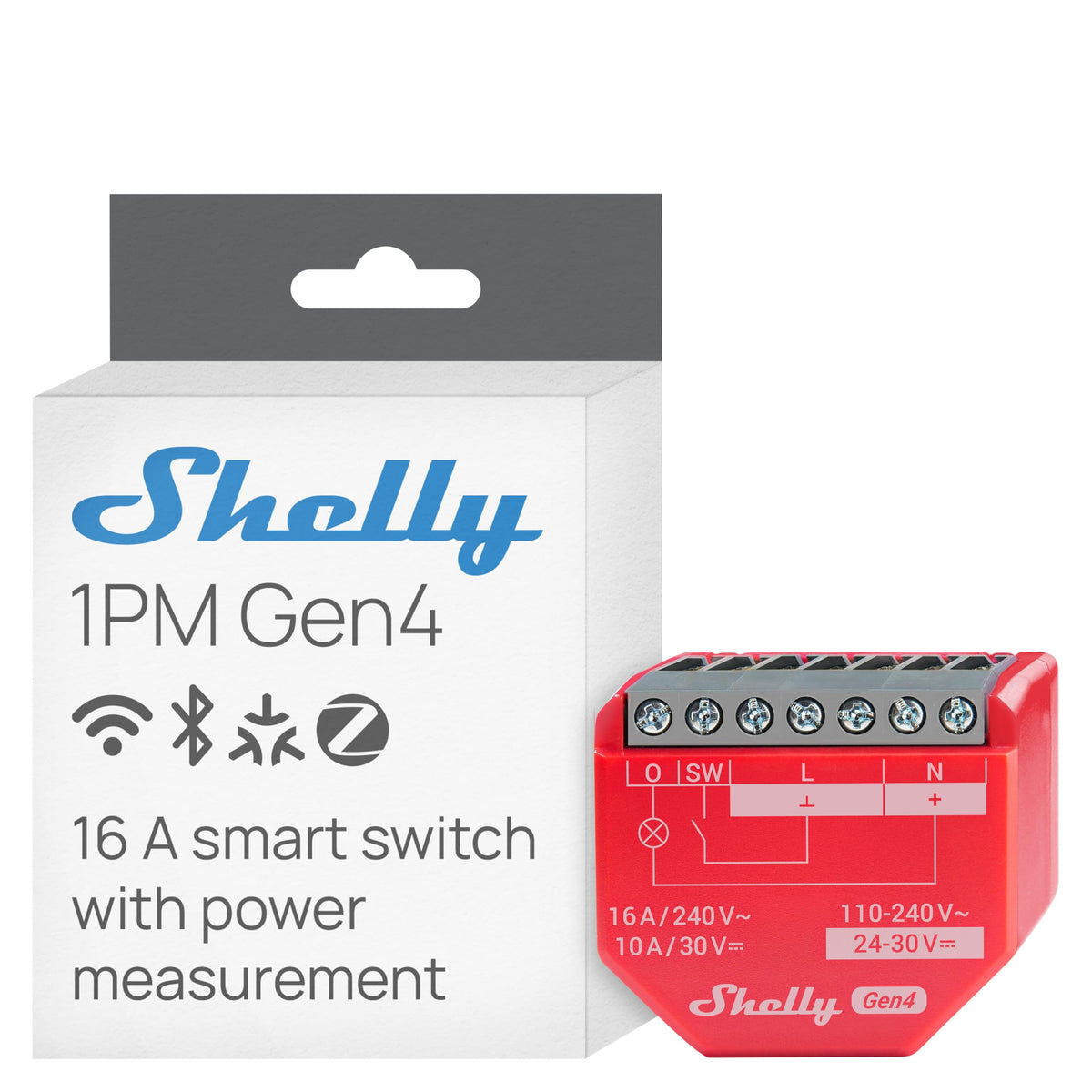 Shelly 1PM Gen4 installed behind a wall switch for easy retrofit.