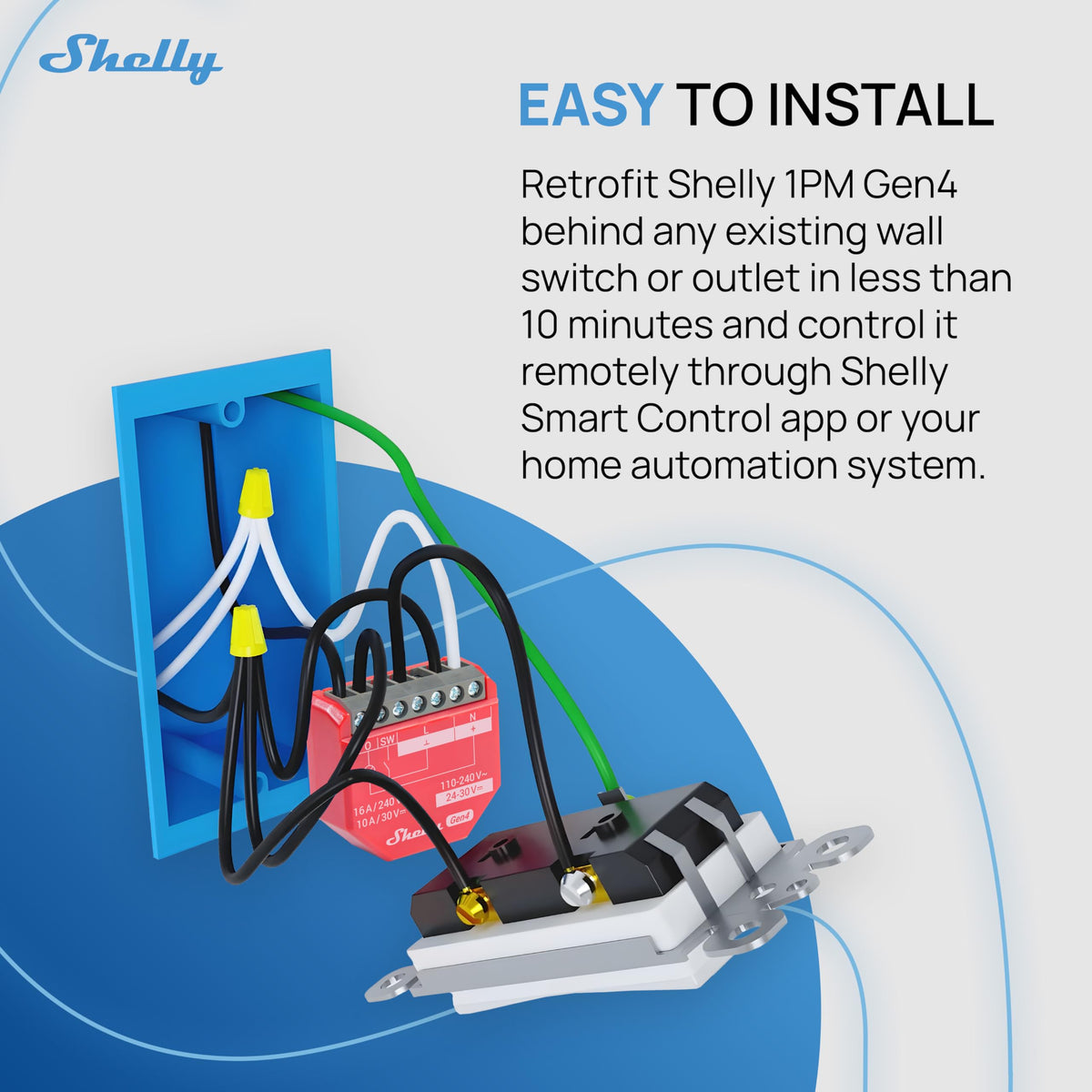 Shelly 1PM Gen4 uses Wi‑Fi, Zigbee, and Matter for versatile setup.