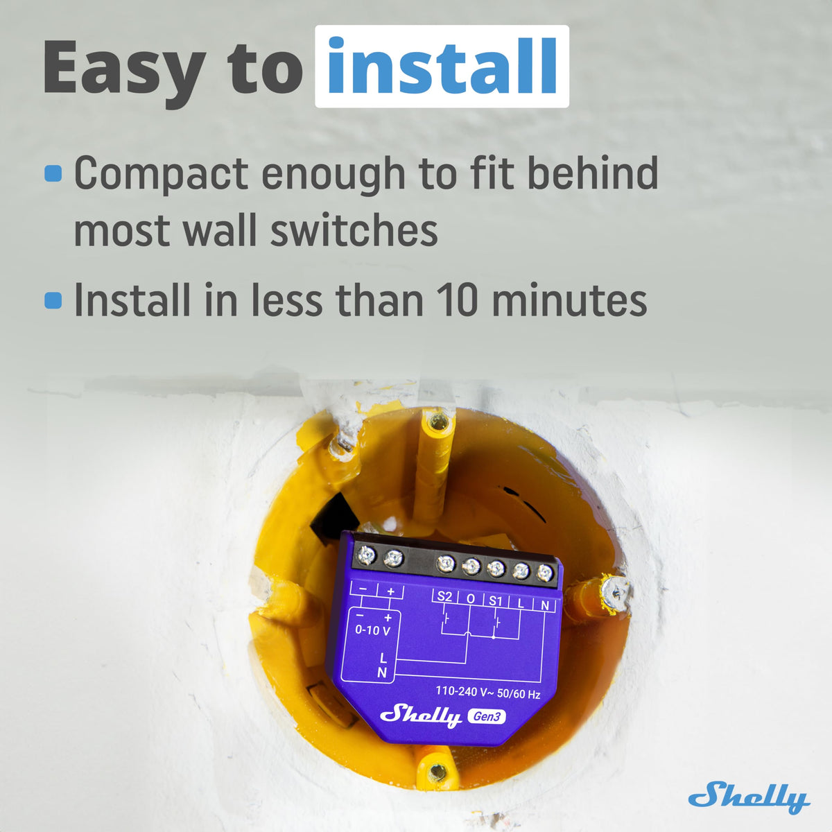 Shelly Dimmer Gen3 app control illustrates remote dimming and scenes.
