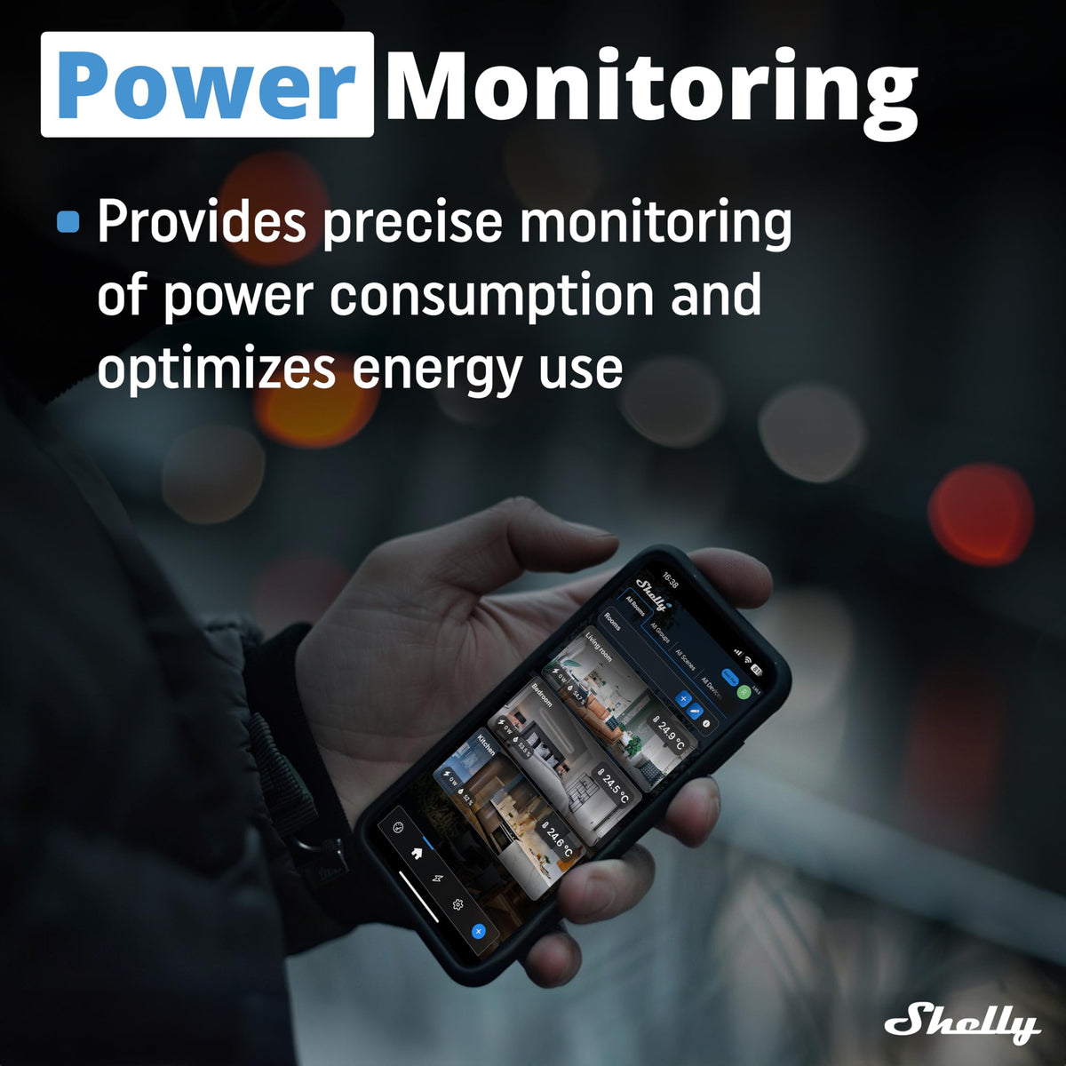 Shelly Dimmer Gen3 power monitor display shows real-time energy insights.