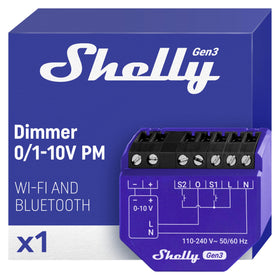 Shelly Dimmer Gen3 product shot showcases a sleek design and wireless dimming capability.