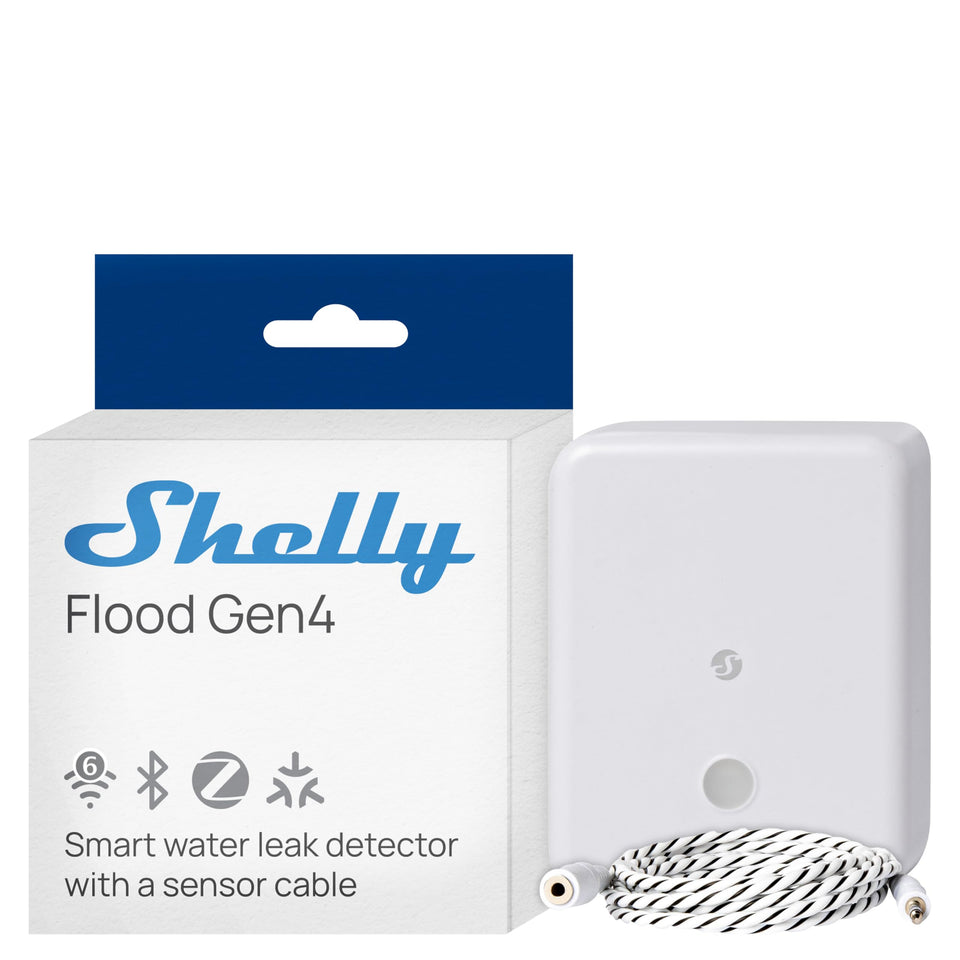 Shelly Flood Gen4 leak sensor cable in action detecting a potential leak.