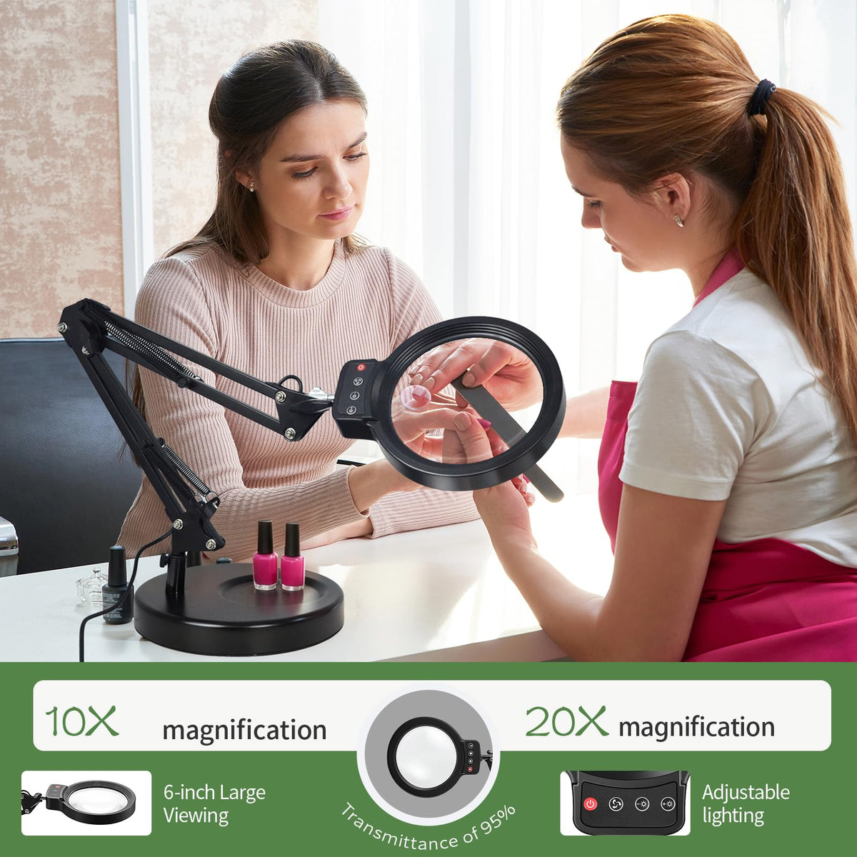 SHEMYUCE LED desk magnifier lamp with 3 color temps and dimming for versatile lighting.