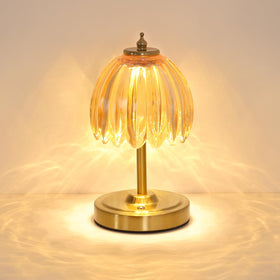Shenmoyl Tulip small table lamp with amber shade on dresser for warm ambience.