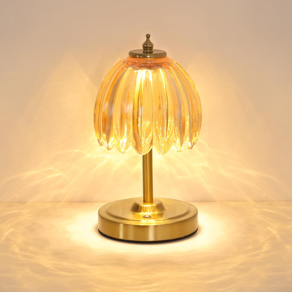 Shenmoyl Tulip small table lamp with amber shade on dresser for warm ambience.