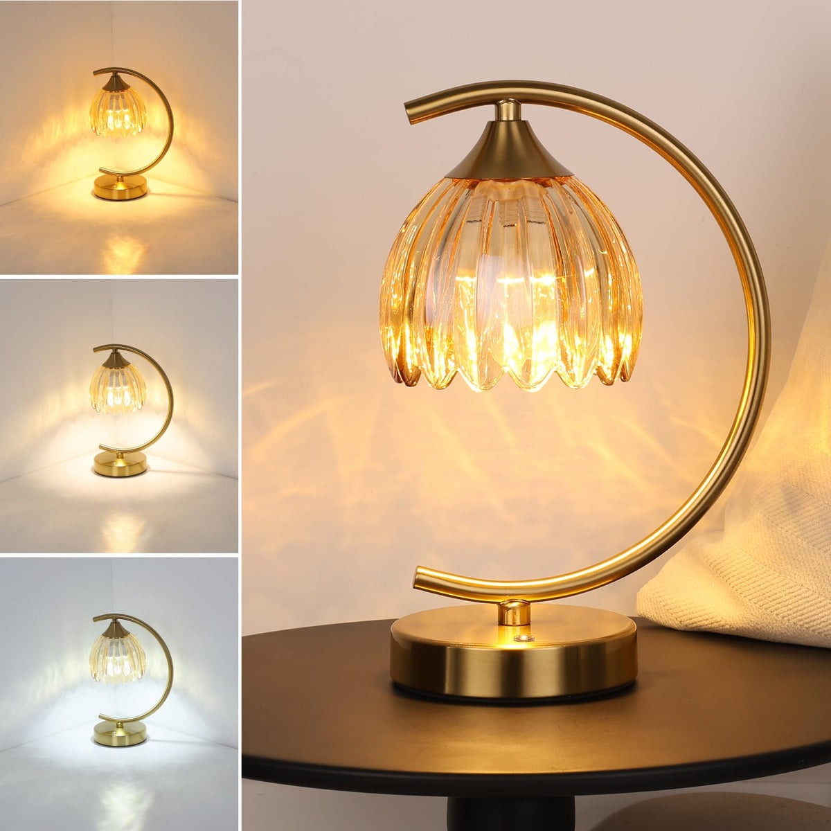 Shenmoyl Tulip Table Lamp with amber glass shade for warm ambient lighting.