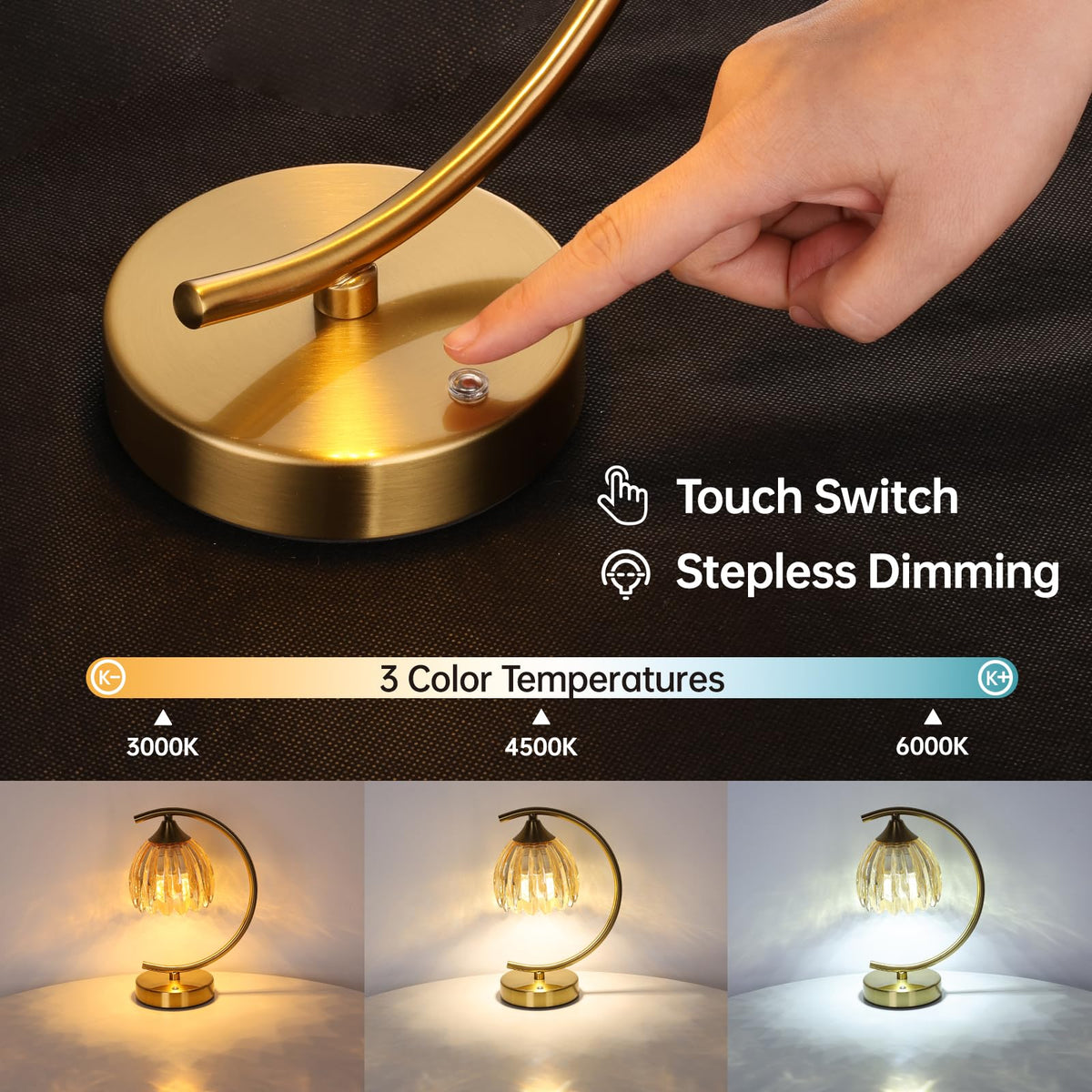 Shenmoyl Tulip Table Lamp touch control shows 3 color temps for mood shifts.