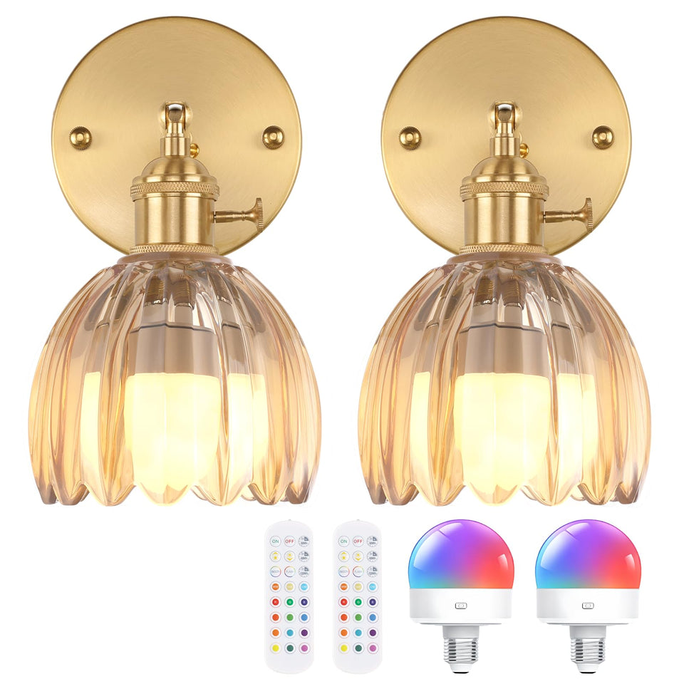 Shenmoyl vintage wall sconce with amber tulip glass shade for warm ambiance.