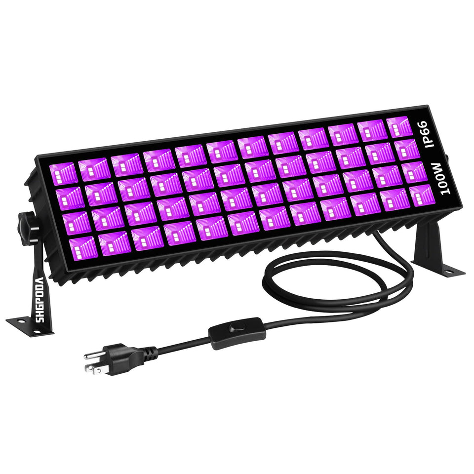 SHGPODA 100W black light bar front view showing powerful glow for parties